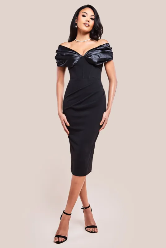 Satin & Scuba Off The Shoulder Midi Dress - Black by Goddiva sold by Goddiva