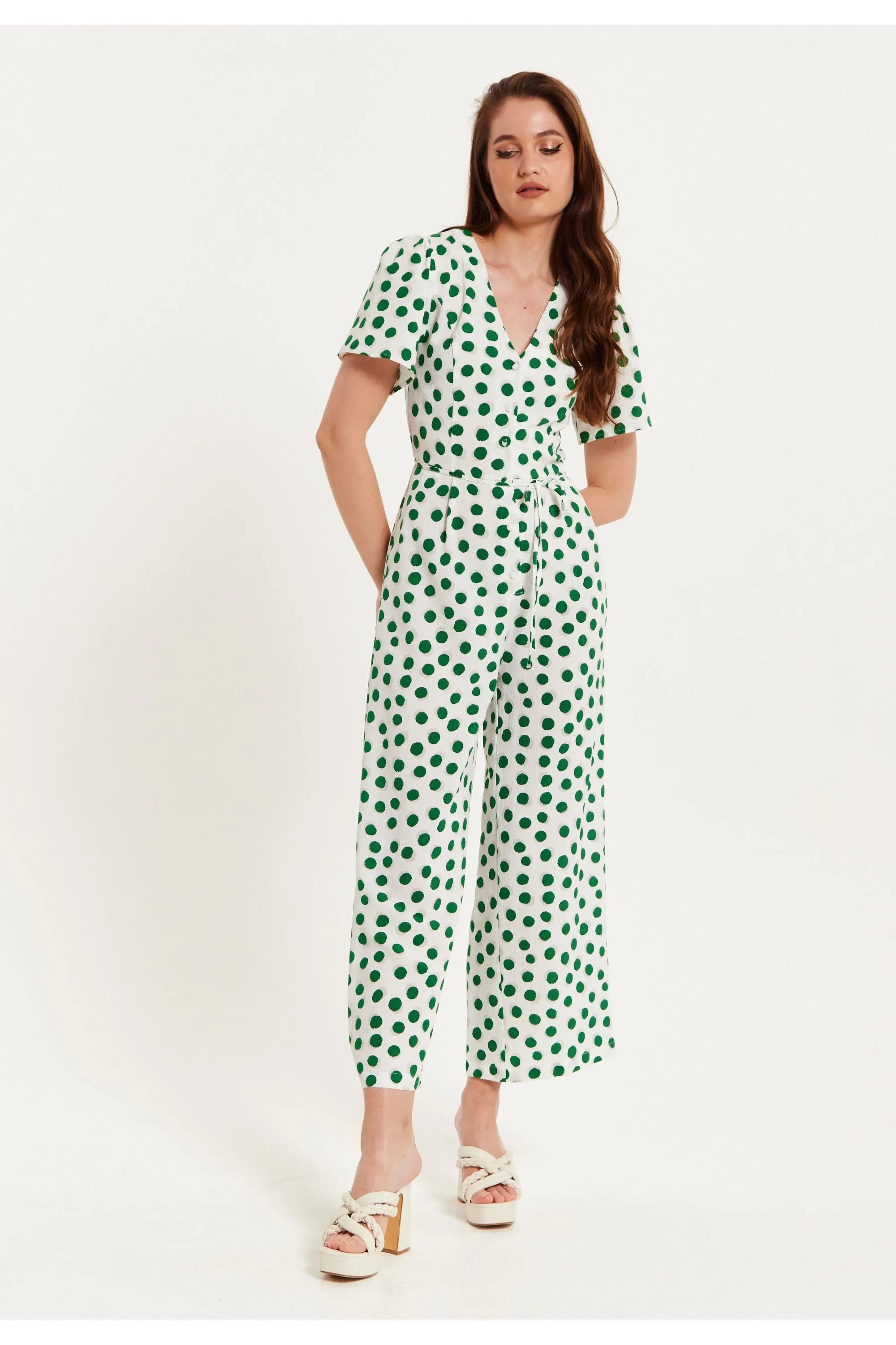 Liquorish Green Polka Dot Jumpsuit In White sold by Goddiva product image thumbnail 2