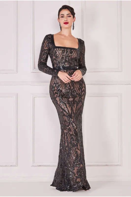 Sequin Square Neck Maxi With Scallop Hem - Black by Goddiva sold by Goddiva