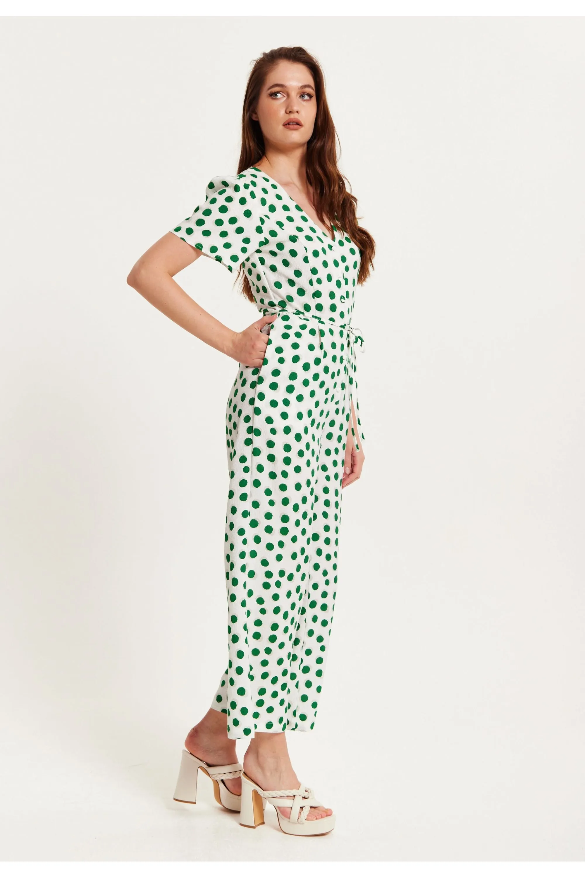 Liquorish Green Polka Dot Jumpsuit In White sold by Goddiva product image thumbnail 3
