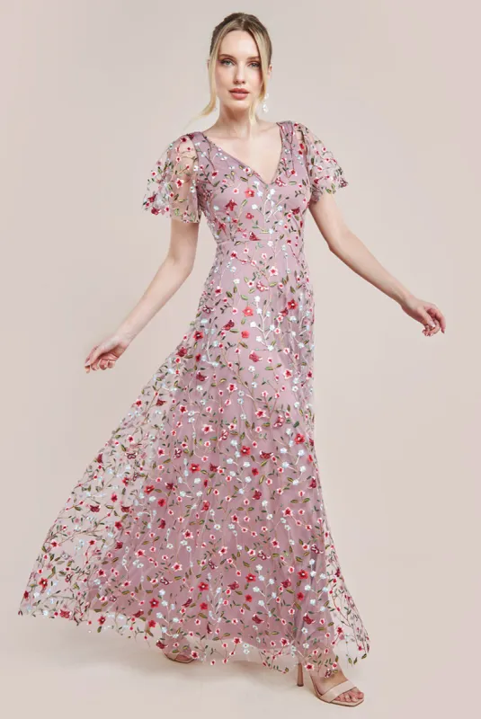 Goddiva Flutter Sleeve Floral Embroidered Maxi - Rose Pink sold by Goddiva