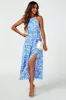 FS Collection Tie Halterneck Floral Print Split Maxi Dress In Blue sold by Goddiva