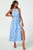 FS Collection Tie Halterneck Floral Print Split Maxi Dress In Blue sold by Goddiva