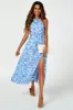 FS Collection Tie Halterneck Floral Print Split Maxi Dress In Blue sold by Goddiva