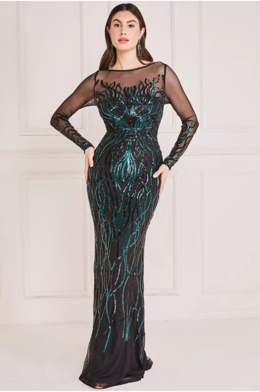 Long Sleeve Sequin Flame Maxi - Emerald Green by Goddiva sold by Goddiva