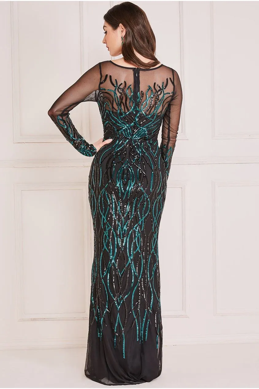 Long Sleeve Sequin Flame Maxi - Emerald Green by Goddiva sold by Goddiva product image thumbnail 2