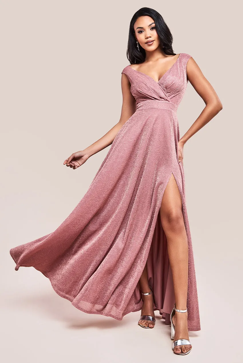 Goddiva Crossover Lurex Glitter Maxi Dress - Dark Rose sold by Goddiva