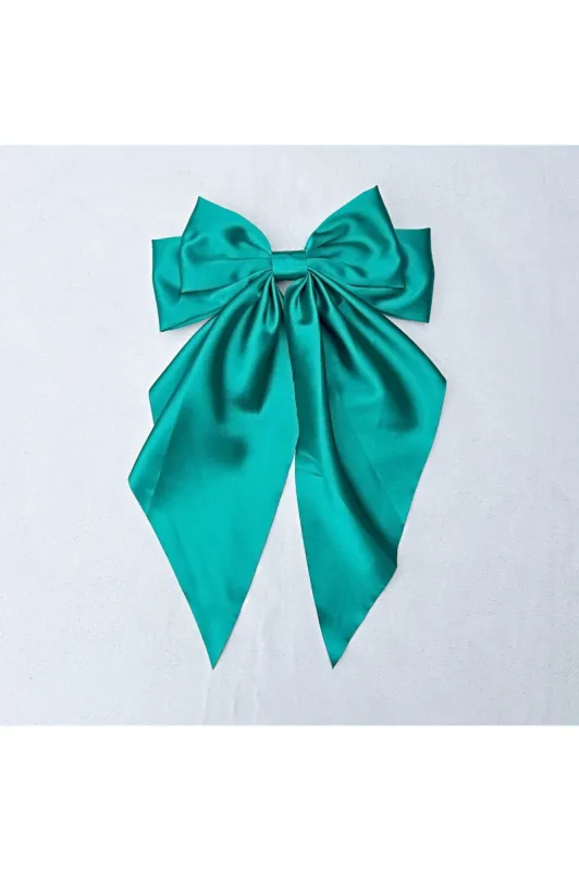 Green Satin Hair Bow Green Hair Clip Long Bow by QueenMee Accessories sold by Goddiva