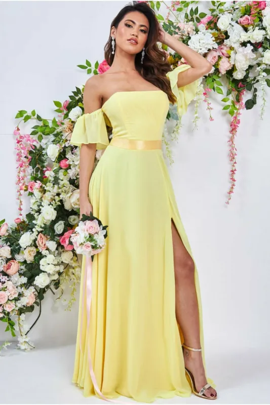 Goddiva Draped Off The Shoulder Maxi With Split - Yellow sold by Goddiva
