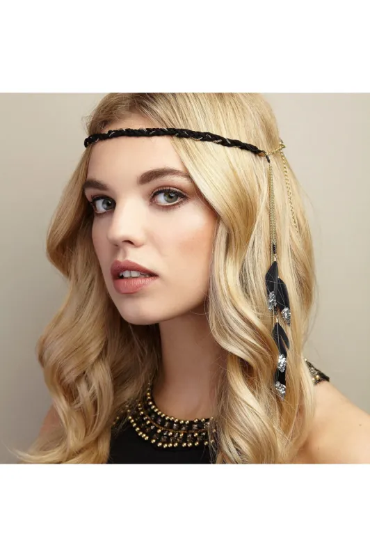 Boho Headband With Feathers And Glitter In Black by QueenMee Accessories sold by Goddiva