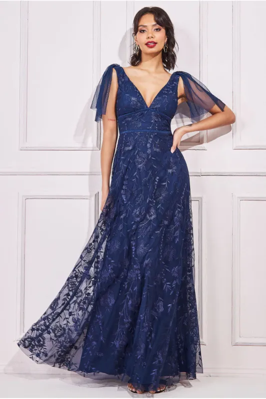 Embroidered Lace Maxi Flutter Sleeves - Navy by Goddiva sold by Goddiva