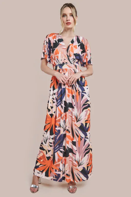 Floral Print Flutter Sleeve Maxi - Orange Print by Goddiva sold by Goddiva