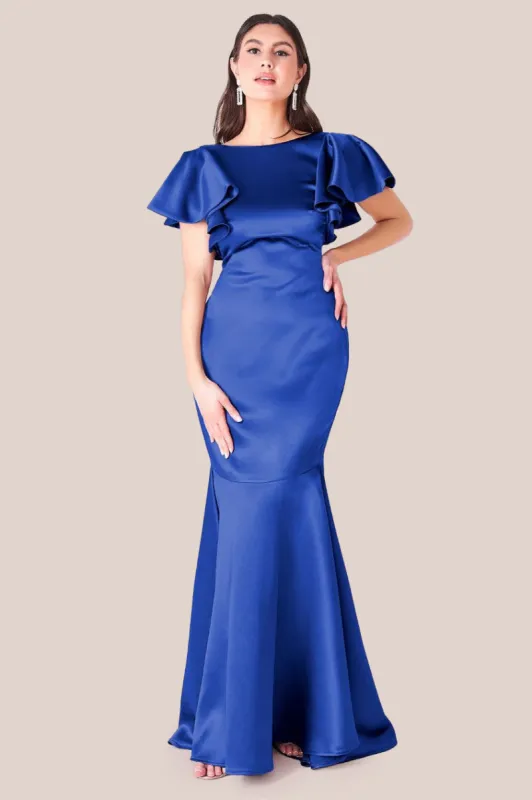 Satin Flutter Sleeve Mermaid Maxi - Navy by Goddiva made by Goddiva