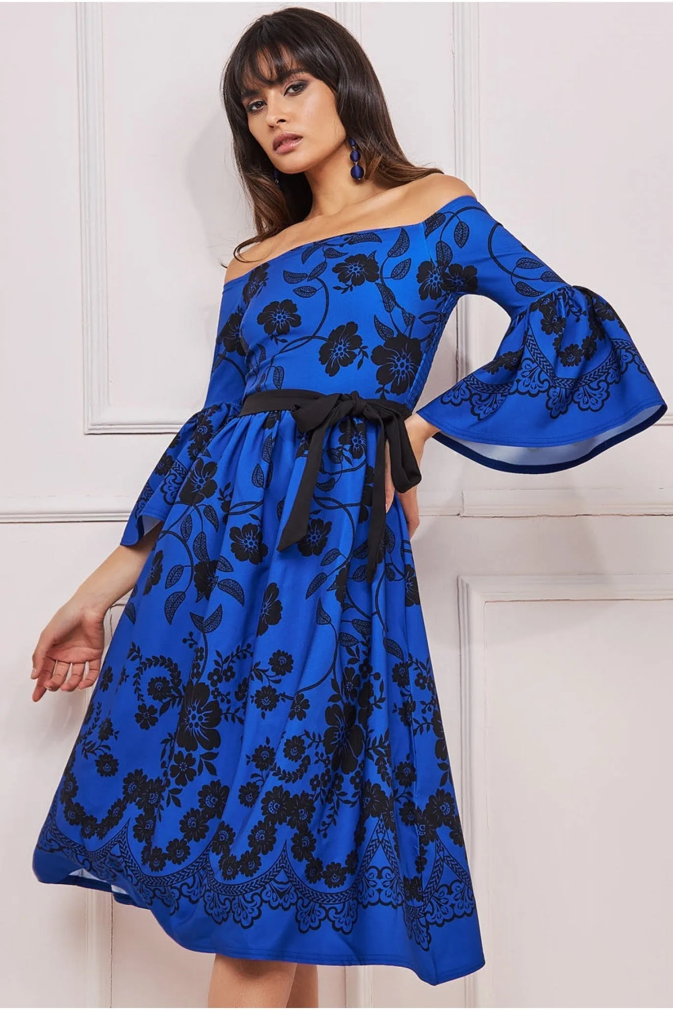 Goddiva Printed Off The Shoulder Midi Dress - Royalblue sold by Goddiva product image thumbnail 3