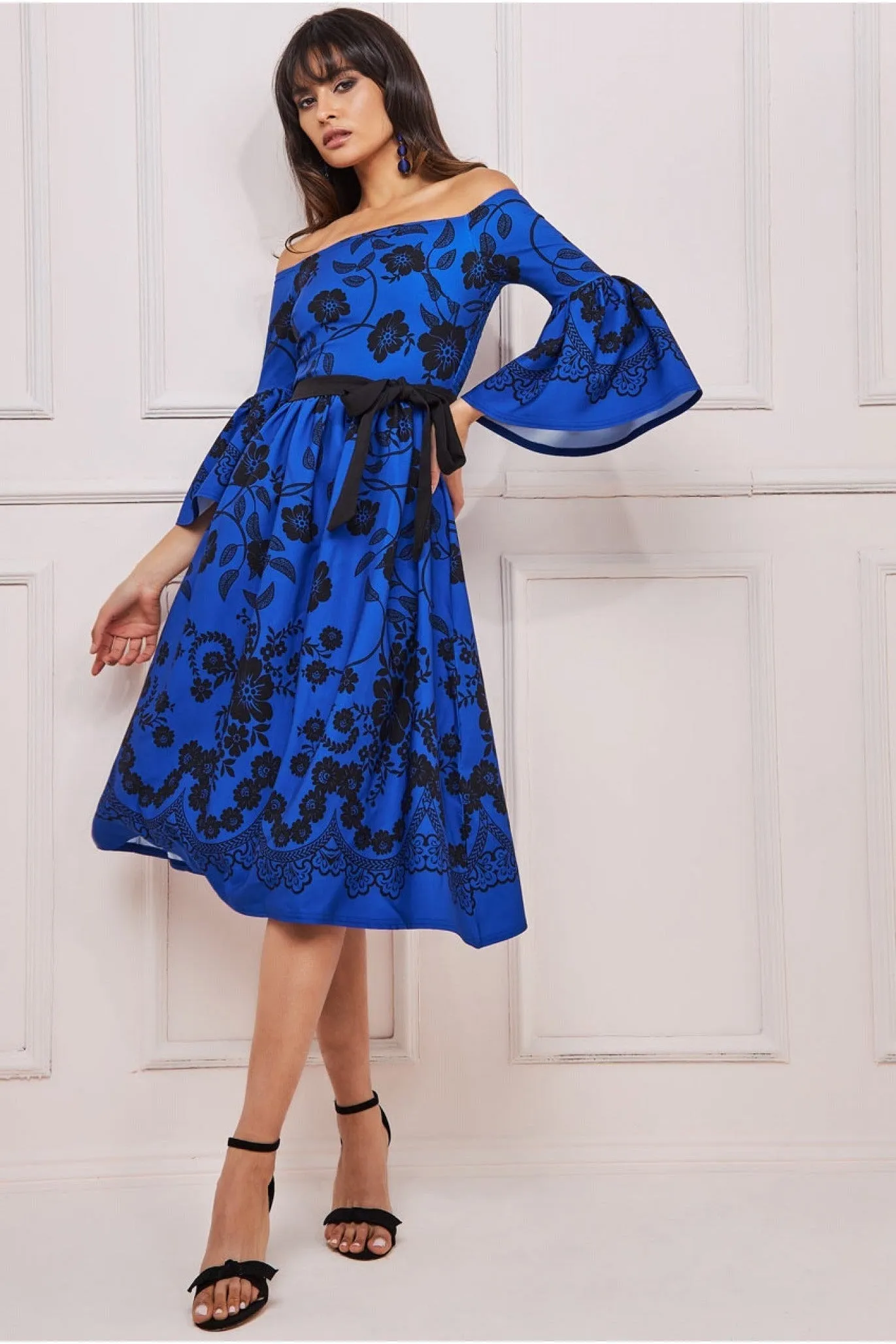Goddiva Printed Off The Shoulder Midi Dress - Royalblue sold by Goddiva