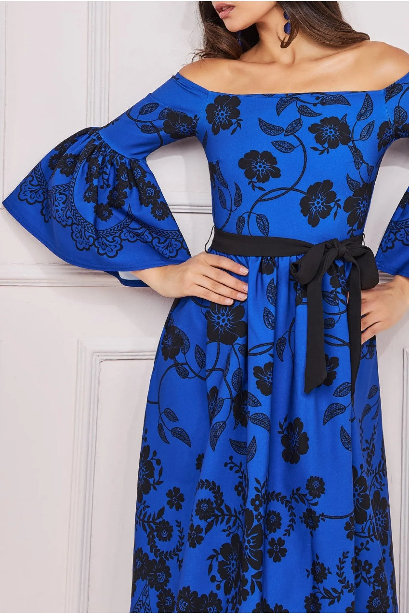 Goddiva Printed Off The Shoulder Midi Dress - Royalblue sold by Goddiva product image thumbnail 4