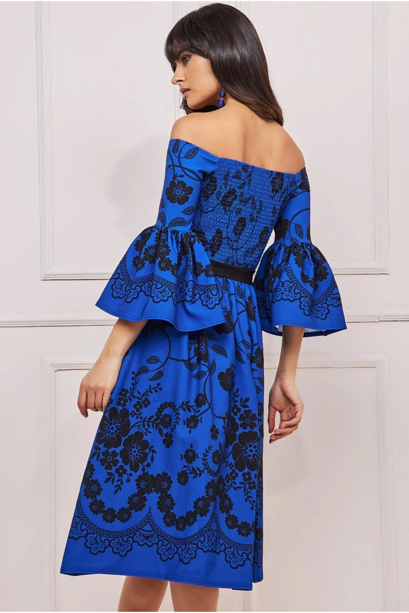 Goddiva Printed Off The Shoulder Midi Dress - Royalblue sold by Goddiva product image thumbnail 2