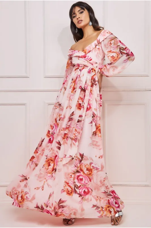 Drop Shoulder Wrap Maxi Dress - Peach by Goddiva sold by Goddiva