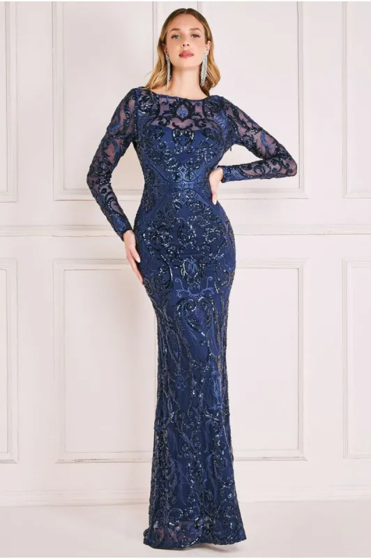 Goddiva Sequin Cowl Back Maxi -  Navy sold by Goddiva