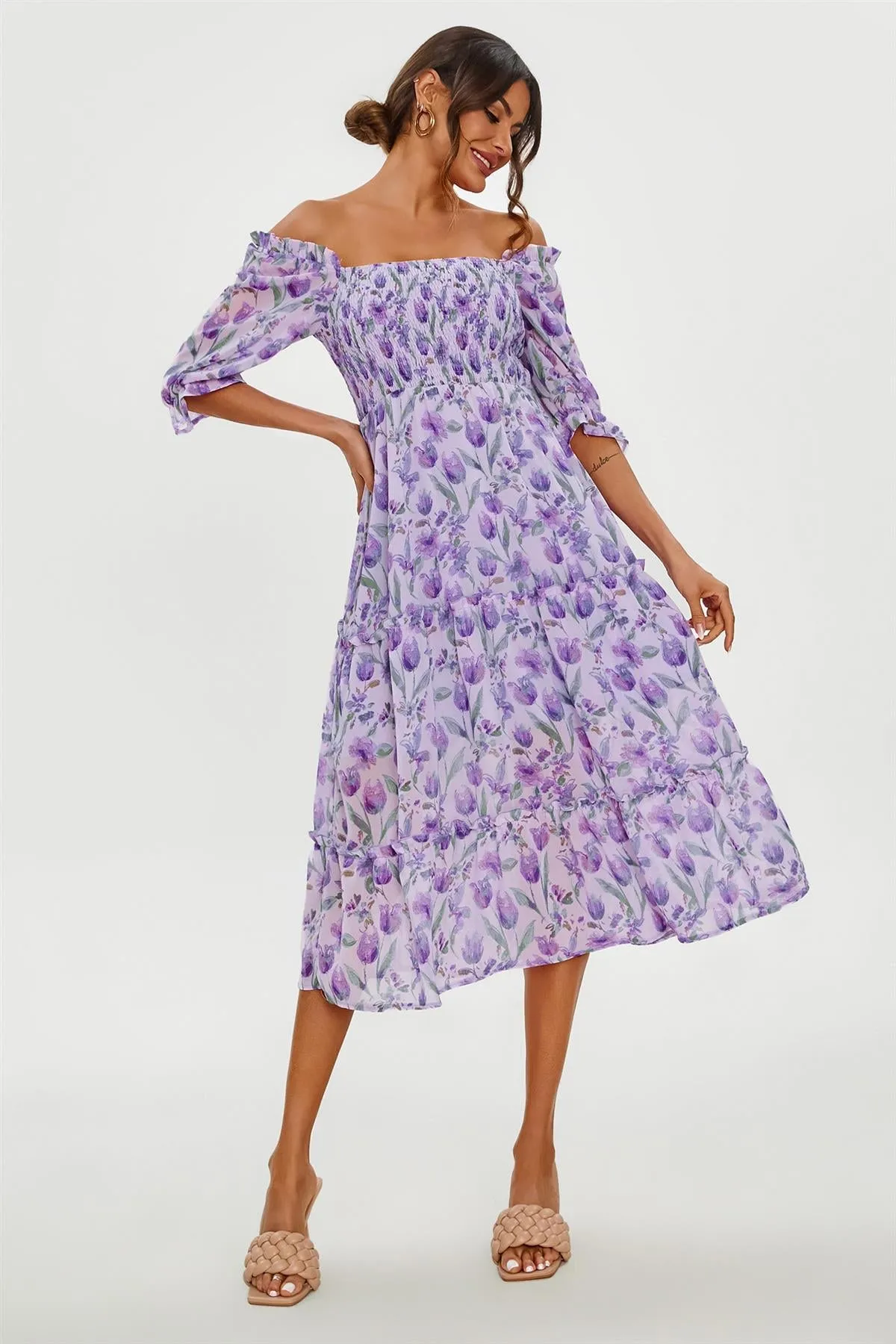 FS Collection Floral Print Bardot Puff Sleeve Elasticated Detail Midi Dress In Purple sold by Goddiva product image thumbnail 5