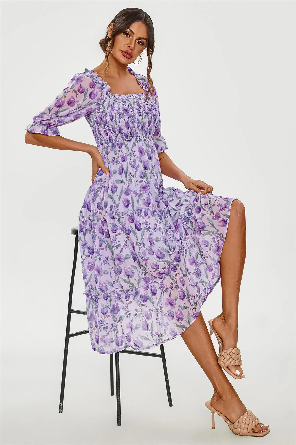 FS Collection Floral Print Bardot Puff Sleeve Elasticated Detail Midi Dress In Purple sold by Goddiva product image thumbnail 2