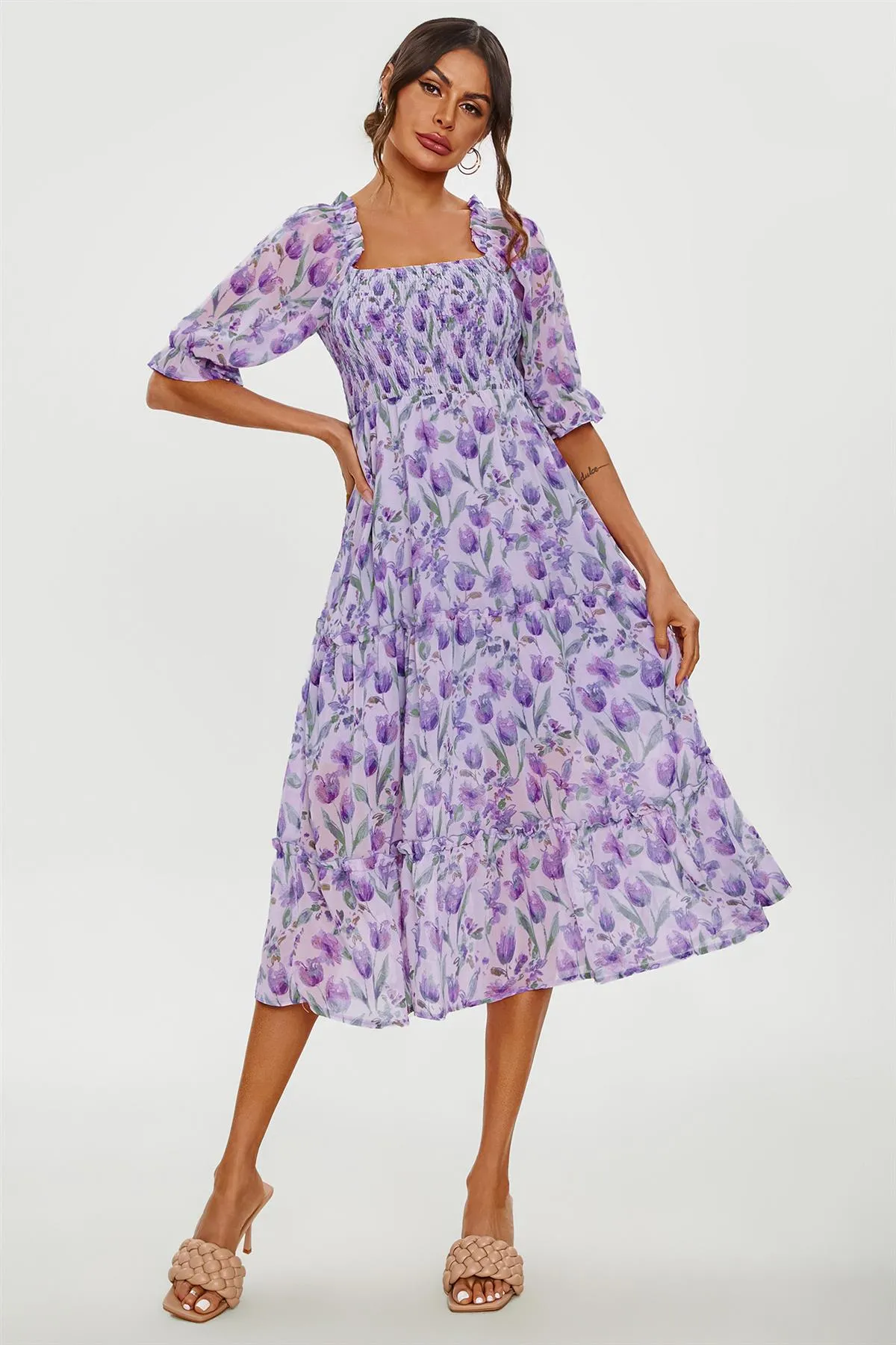 FS Collection Floral Print Bardot Puff Sleeve Elasticated Detail Midi Dress In Purple sold by Goddiva product image thumbnail 3