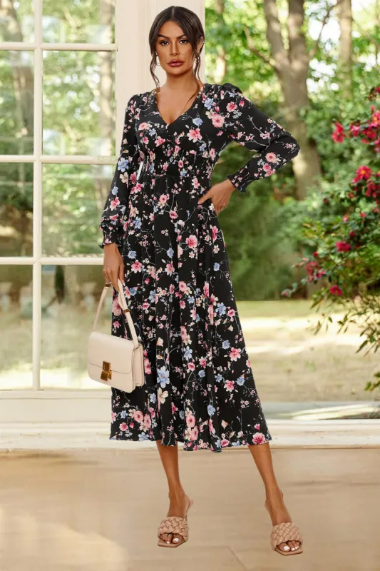 Floral Print Long Sleeve Midi Dress In Black by FS Collection made by Goddiva