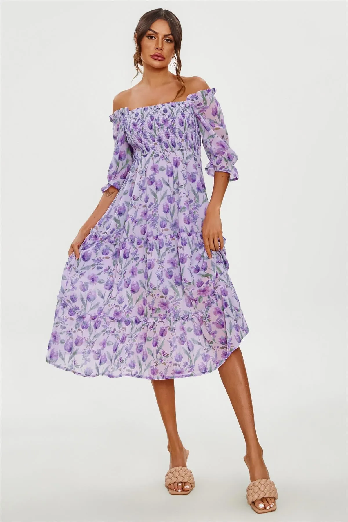 FS Collection Floral Print Bardot Puff Sleeve Elasticated Detail Midi Dress In Purple sold by Goddiva product image thumbnail 4