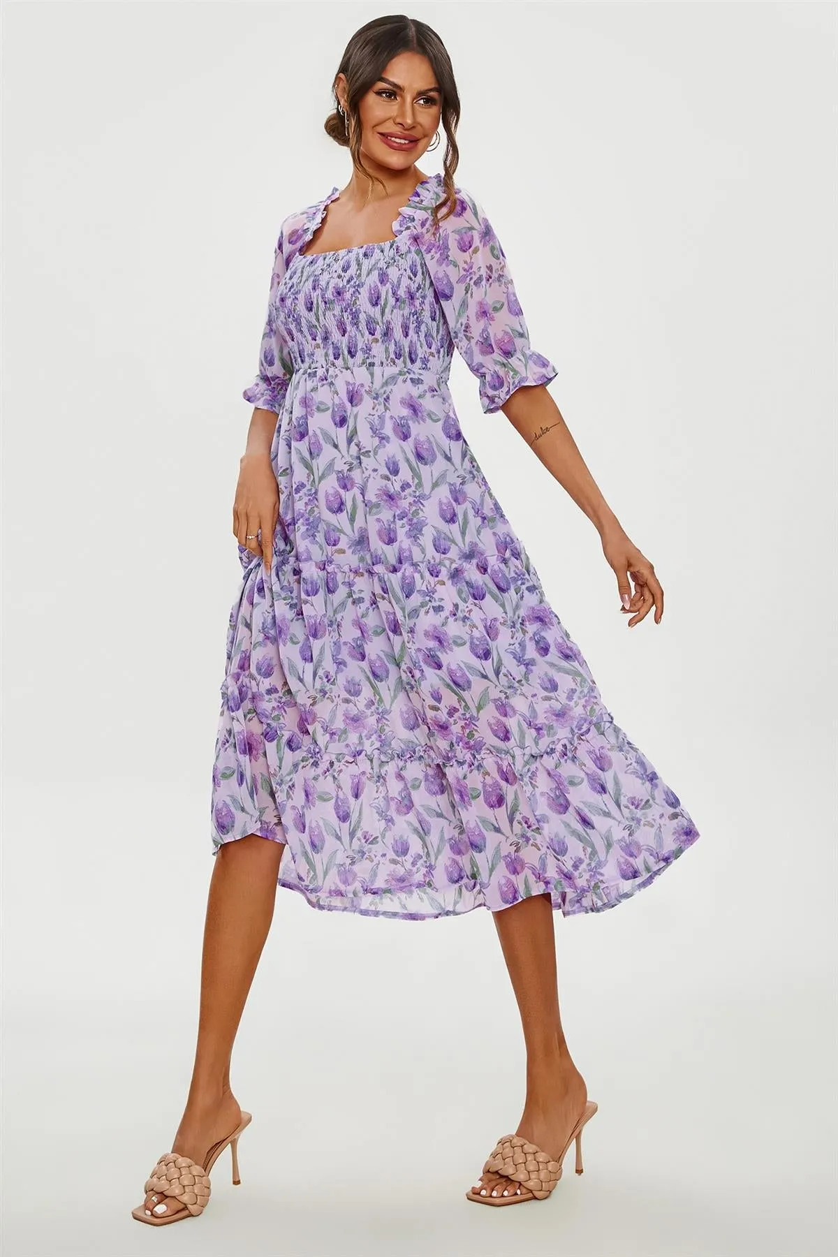 FS Collection Floral Print Bardot Puff Sleeve Elasticated Detail Midi Dress In Purple sold by Goddiva