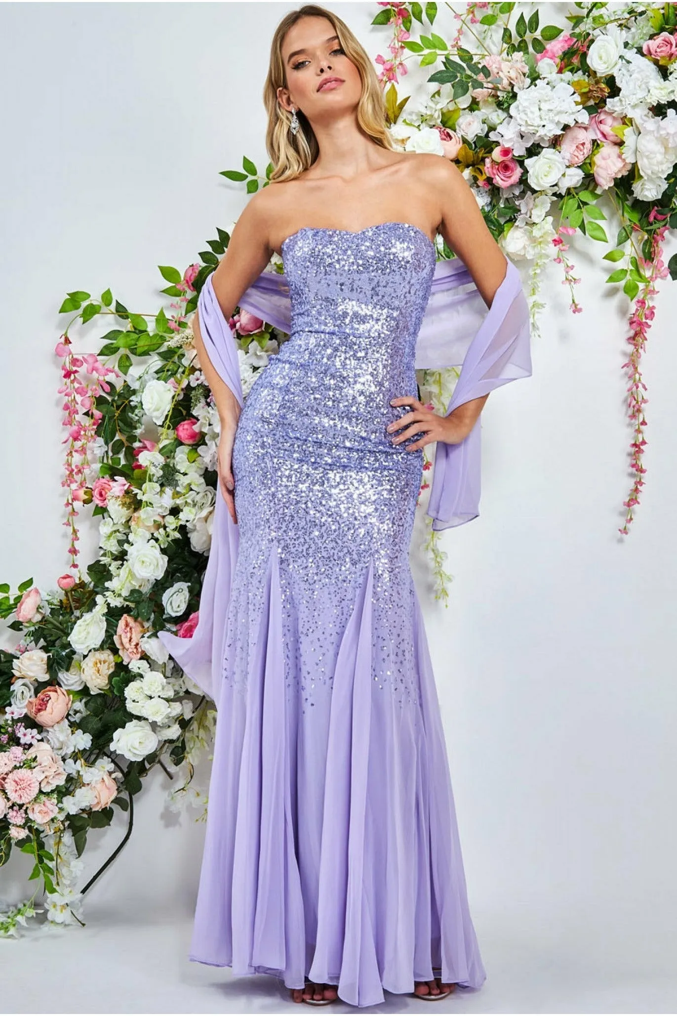 Goddiva Goddiva Goddiva Bandeau Sequin & Chiffon Maxi With Scarf - Lavender sold by Goddiva
