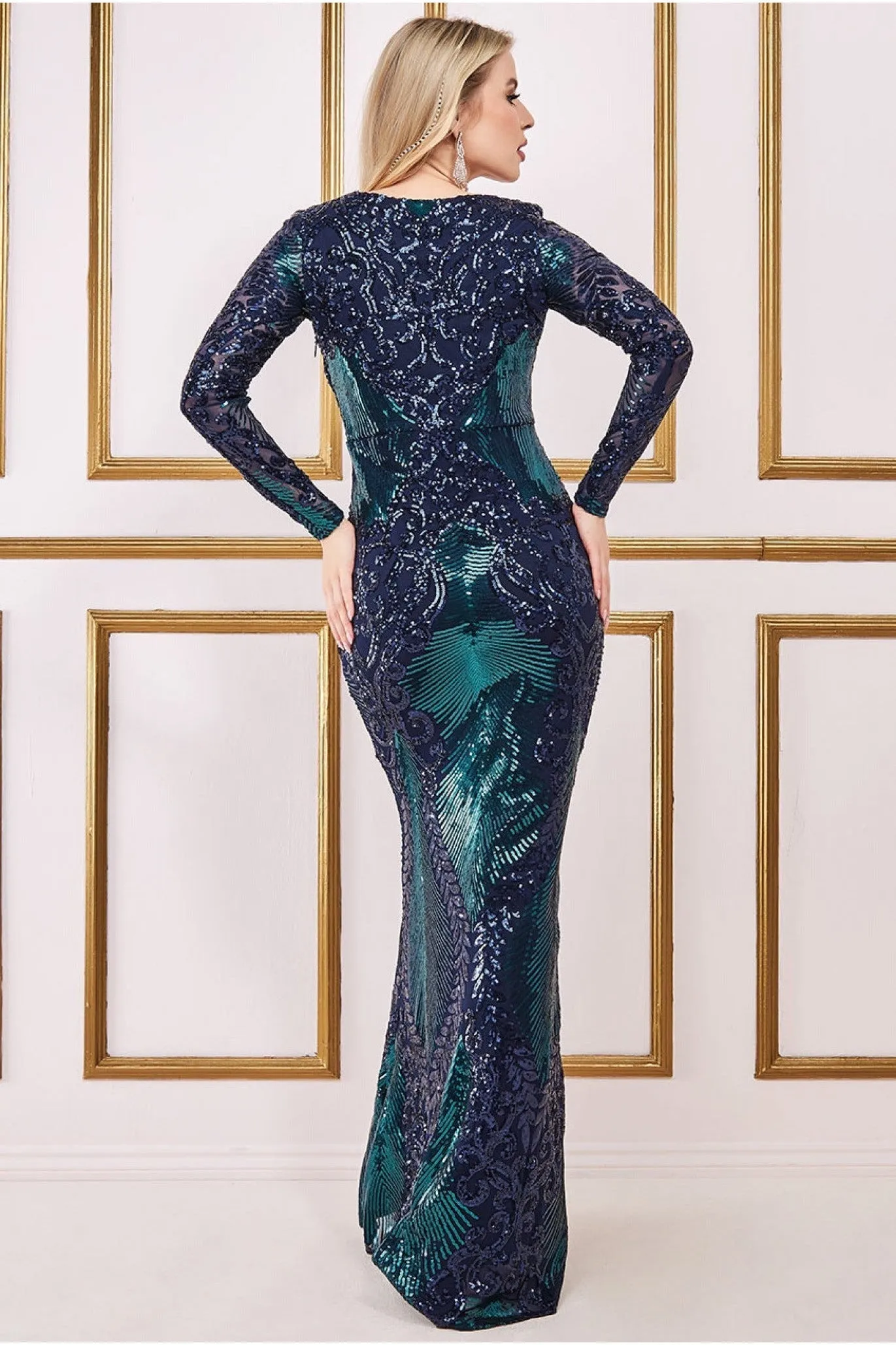 Contrast Sequin Long Sleeve Maxi Dress - Emerald by Goddiva sold by Goddiva product image thumbnail 2