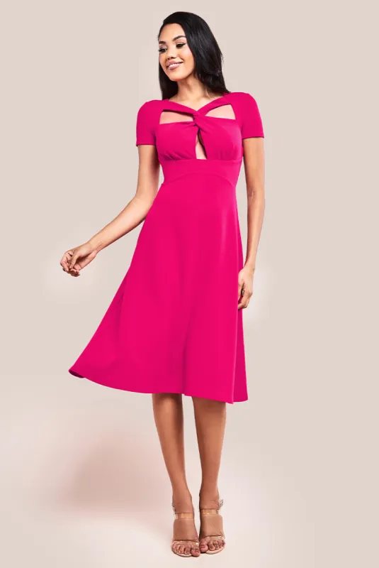 Scuba Crepe Twist Cutout Midi Dress - Hot Pink by Goddiva sold by Goddiva