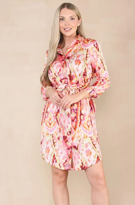 LOVE SUNSHINE Pink Blurred Print Bubble Satin Mini Shirt Dress made by Goddiva