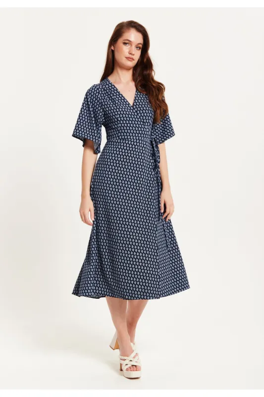 Liquorish Navy Floral Midi Wrap Dress With Kimono Sleeves sold by Goddiva