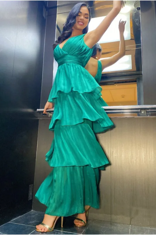 Goddiva Tiered Chiffon Maxi Dress - Emerald sold by Goddiva
