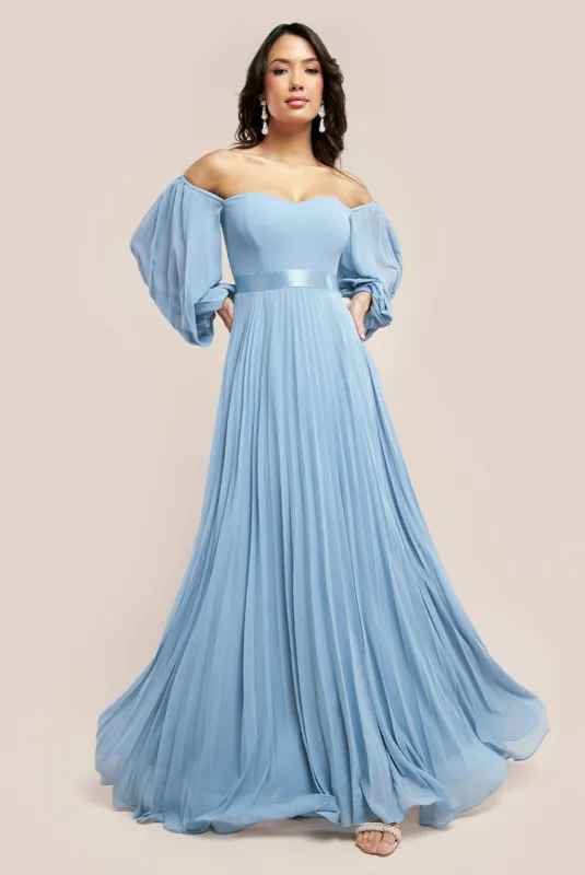 Bardot Chiffon Pleated Maxi - Blue by Goddiva sold by Goddiva