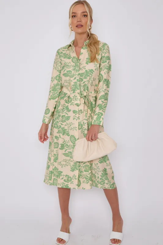 LOVE SUNSHINE Green Floral Print Long Sleeve Midi Shirt Dress sold by Goddiva