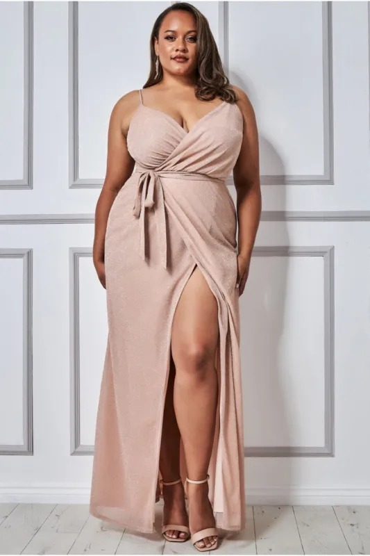 Wrap Style Spaghetti Strap Maxi Split - Blush by Goddiva Plus sold by Goddiva