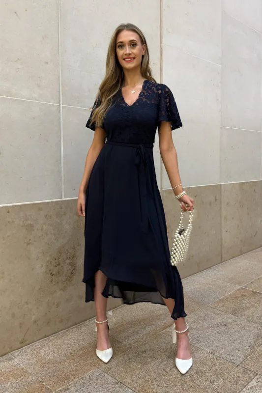 Double Second Navy Lace Wrap Front Dip Back Dress sold by Goddiva