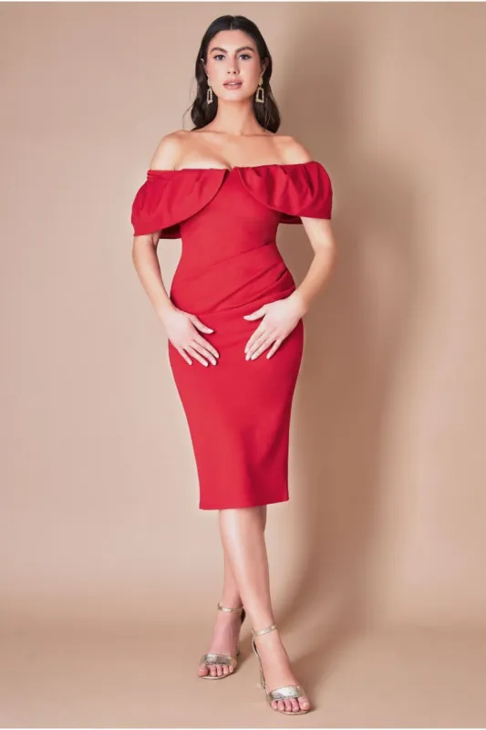 Scuba Crepe Pleated Bardot Midi - Red by Goddiva sold by Goddiva