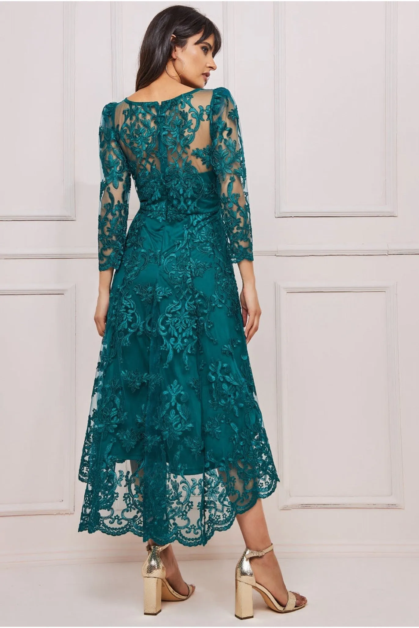 Scalloped Lace Dipped Hem Midi Dress - Emerald by Goddiva sold by Goddiva product image thumbnail 2