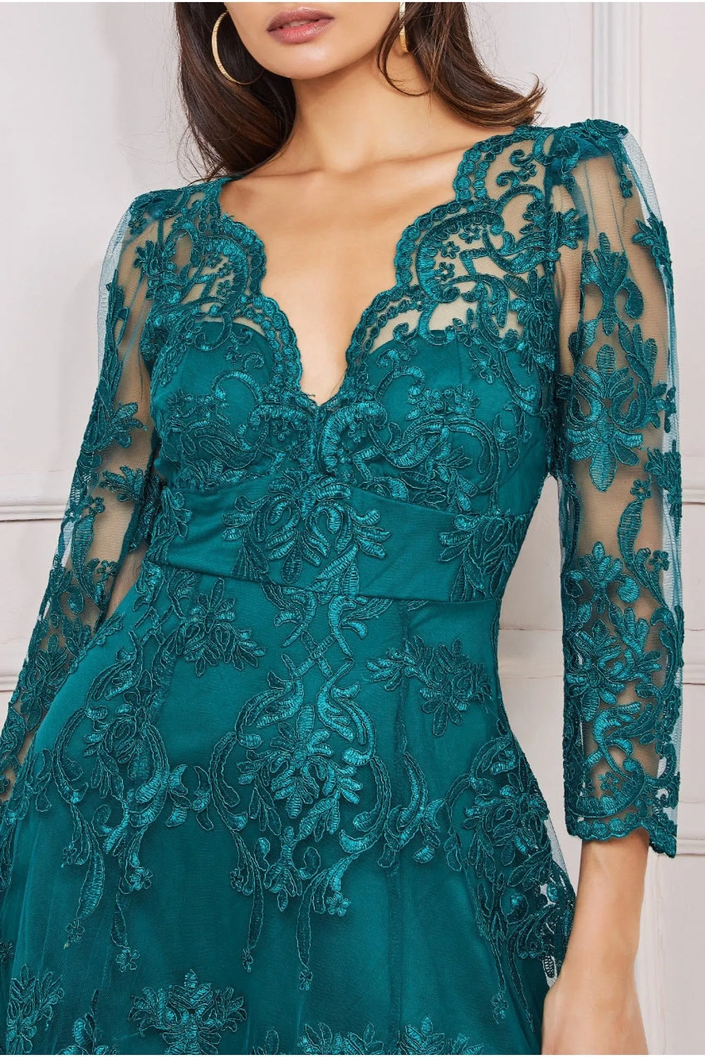 Scalloped Lace Dipped Hem Midi Dress - Emerald by Goddiva sold by Goddiva product image thumbnail 3