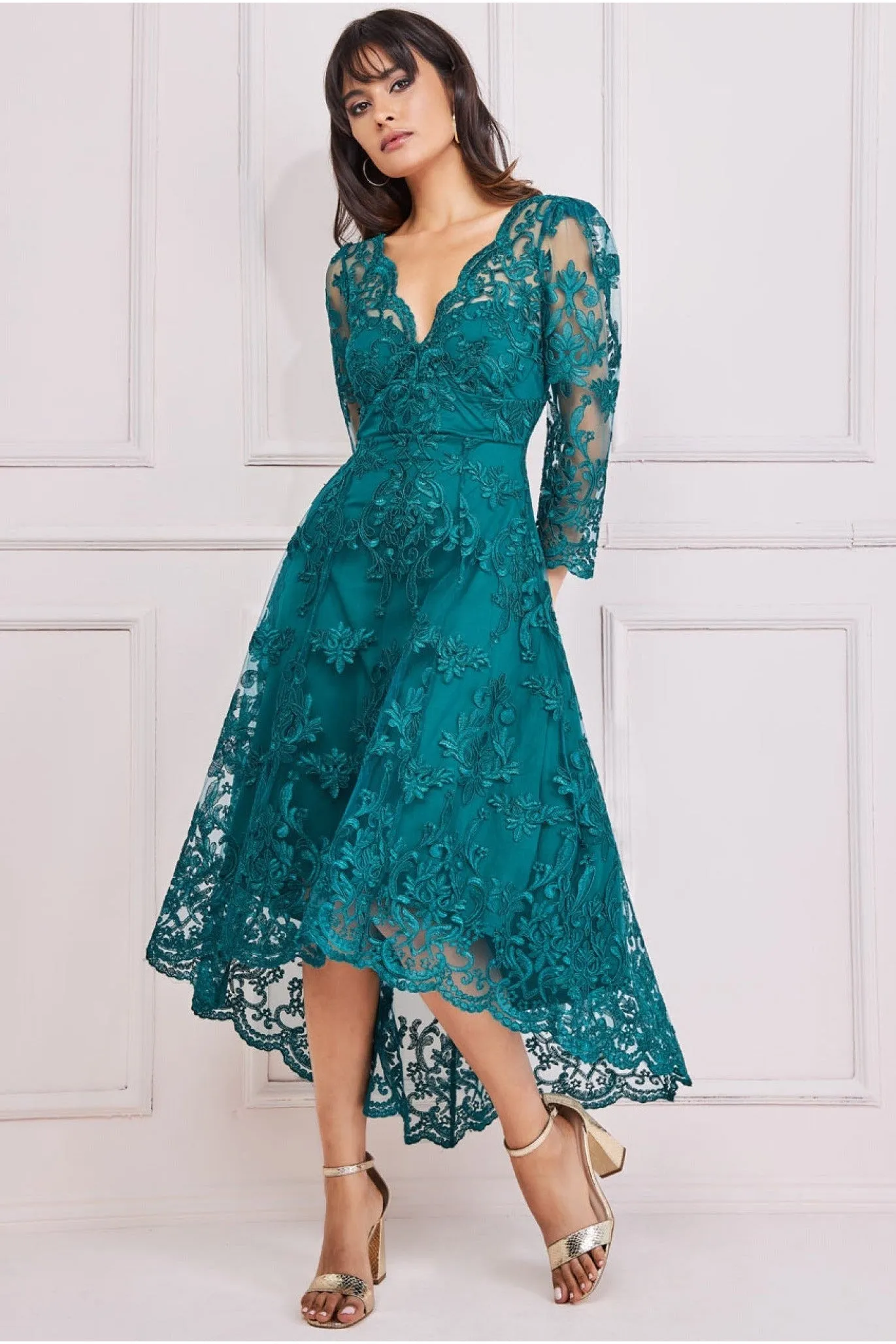 Scalloped Lace Dipped Hem Midi Dress - Emerald by Goddiva sold by Goddiva