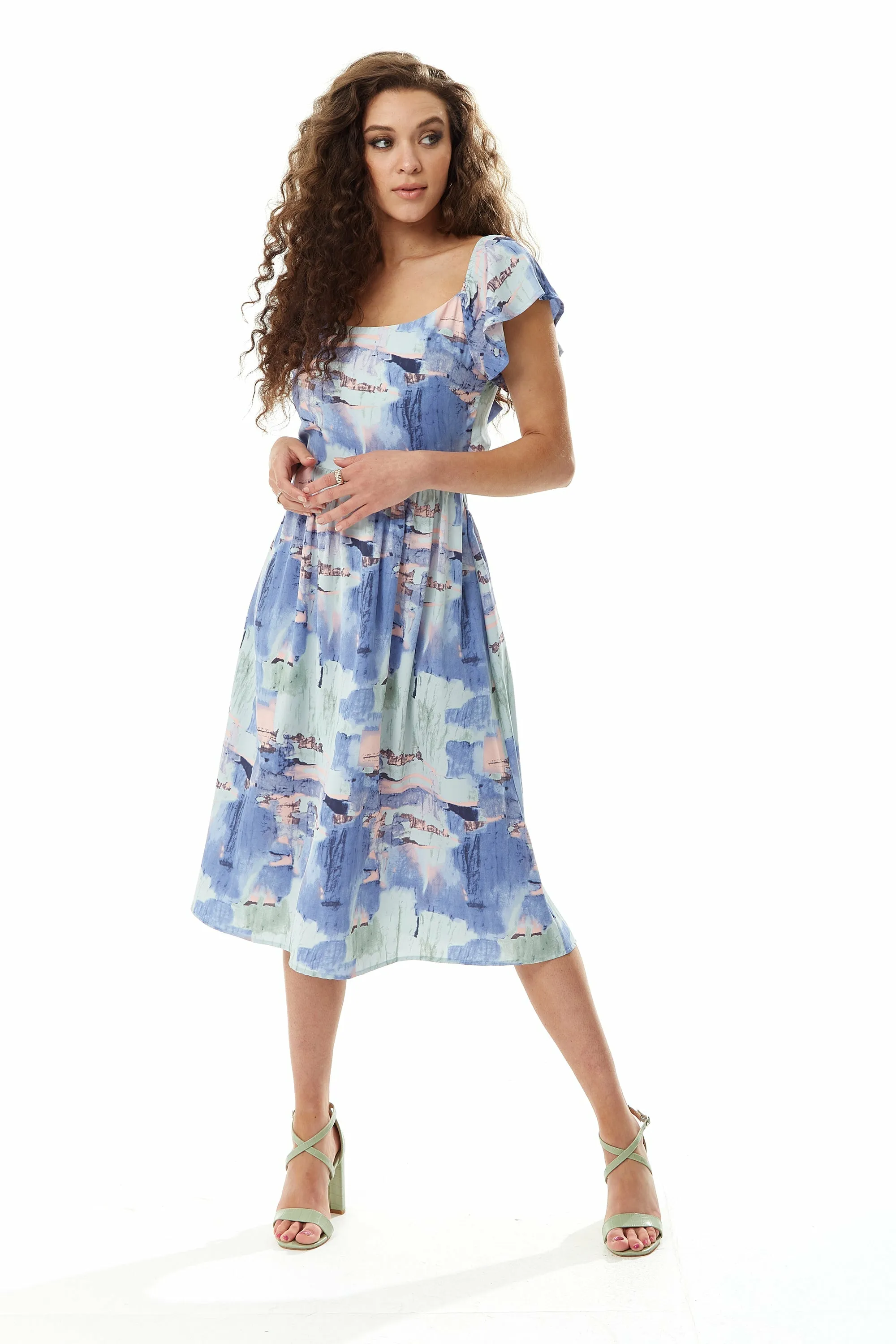 Liquorish Abstract Print Cut Out Back Midi Dress sold by Goddiva