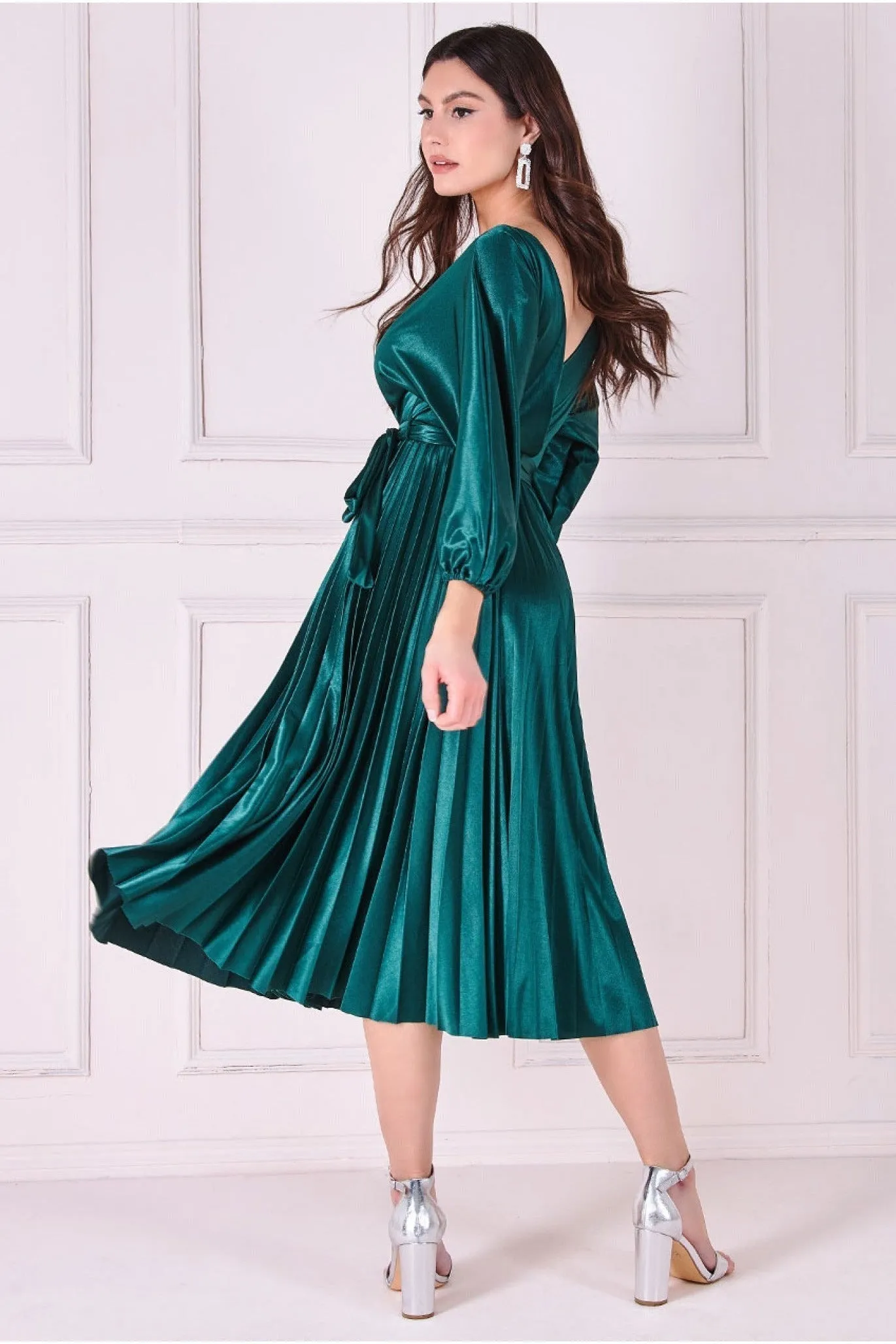 Satin Pleated Skirt Wrap Midi Dress - Emerald Green by Goddiva sold by Goddiva product image thumbnail 2