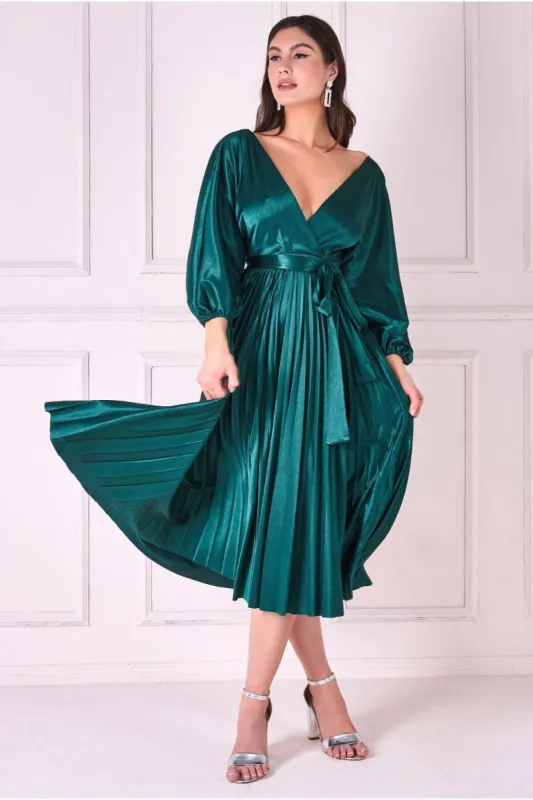 Satin Pleated Skirt Wrap Midi Dress - Emerald Green by Goddiva sold by Goddiva