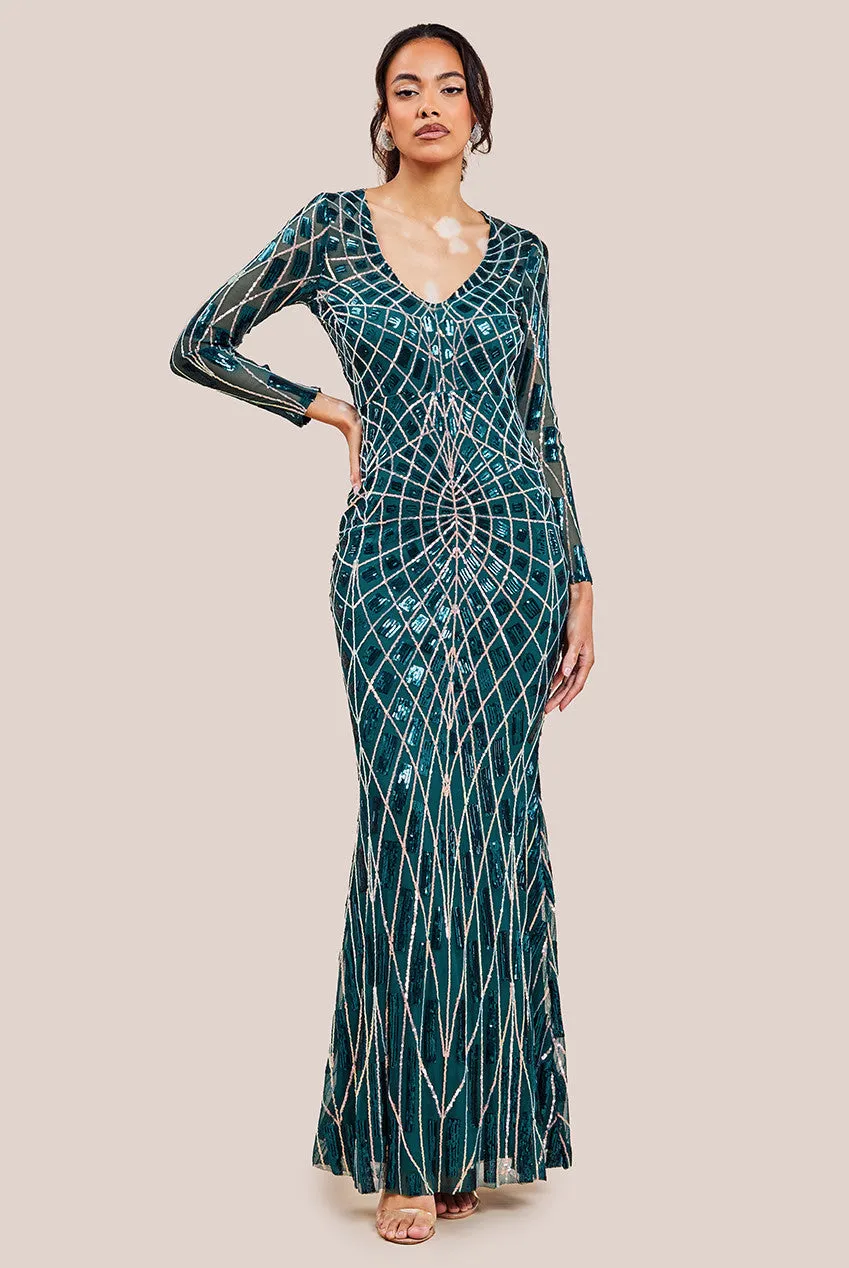 Geo Sequin Long Sleeve Maxi Dress - Emerald by Goddiva sold by Goddiva