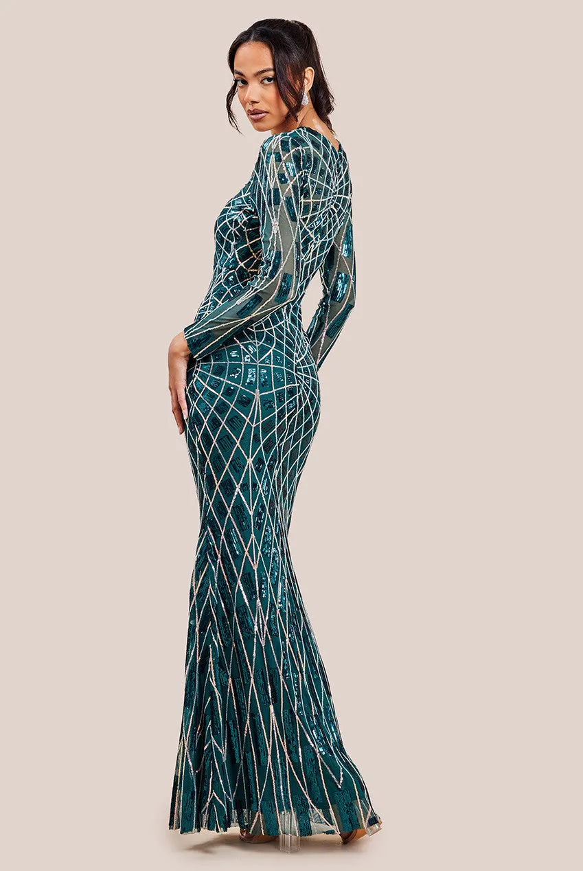 Geo Sequin Long Sleeve Maxi Dress - Emerald by Goddiva sold by Goddiva product image thumbnail 3