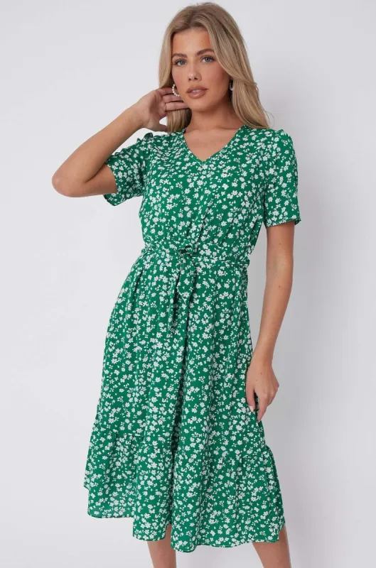 Green Floral Print V Neck Frilled Hem Midi Dress by LOVE SUNSHINE sold by Goddiva
