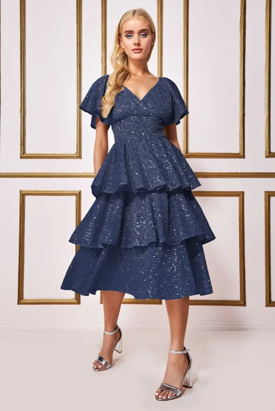 Sequin Lurex Tiered Midi Dress - Navy by Goddiva sold by Goddiva